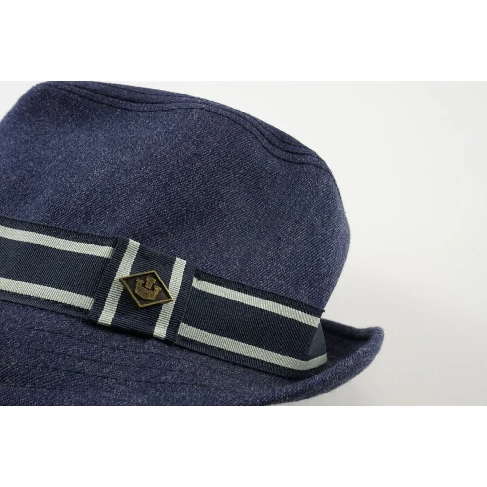 Goorin Bros Blue Twill Fedora Hat with Striped Band Men's Medium Navy Blue‎